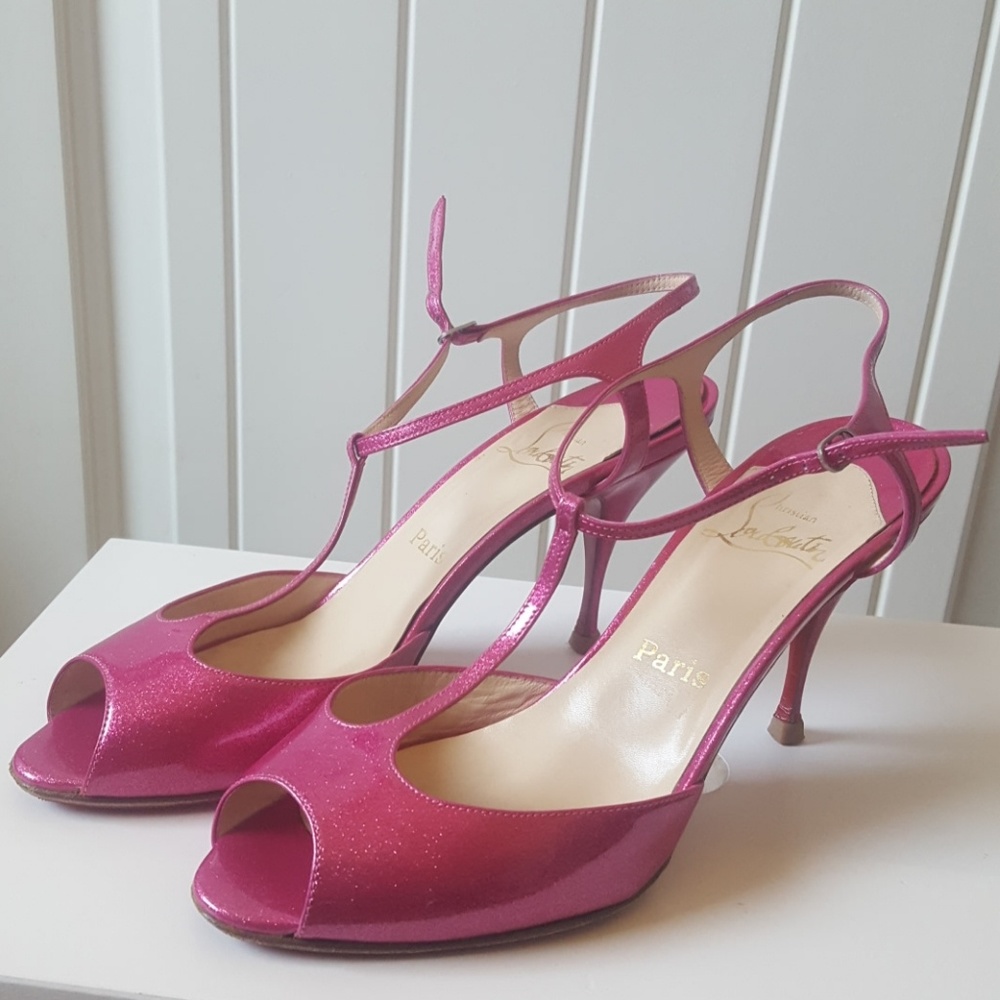 CL pink peep toe t-strap heels